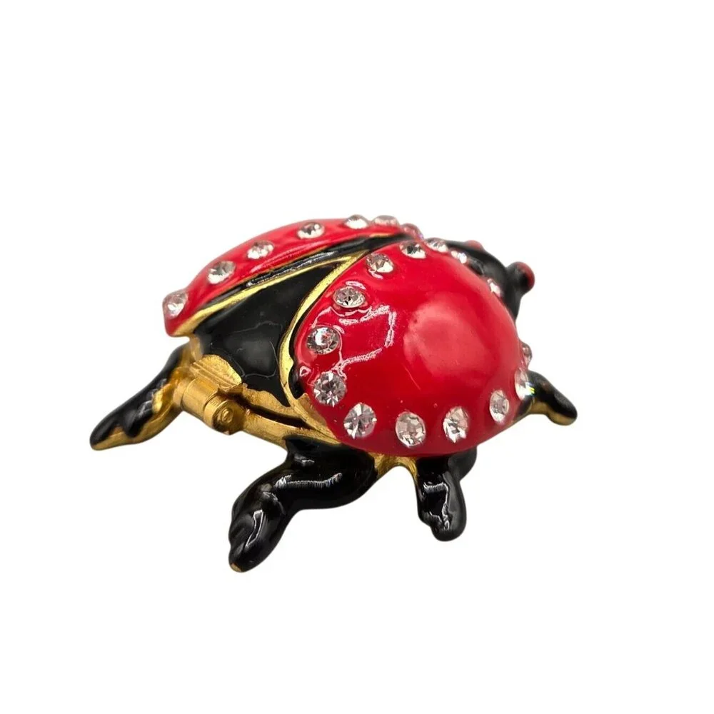 Ladybug Trinket Box Red Enamel Clear Rhinestone Accents Hinged Magnetic Closure